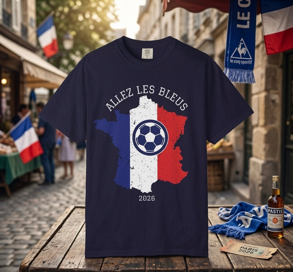 France Soccer T-Shirt — "Allez Les Bleus" 2026 Map & Ball Design