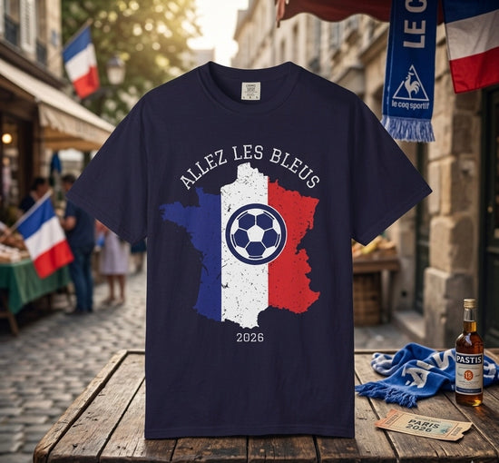 France Soccer T-Shirt — "Allez Les Bleus" 2026 Map & Ball Design